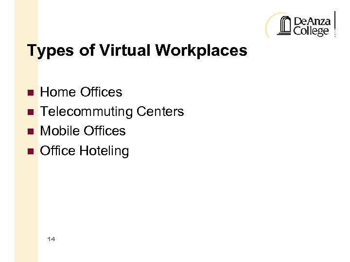 Types of Virtual Workplaces Home Offices Telecommuting Centers Mobile Offices Office Hoteling 14 