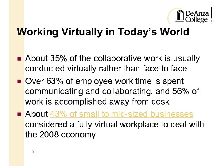 Working Virtually in Today’s World About 35% of the collaborative work is usually conducted