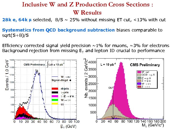 Inclusive W and Z Production Cross Sections : W Results 28 k e, 64