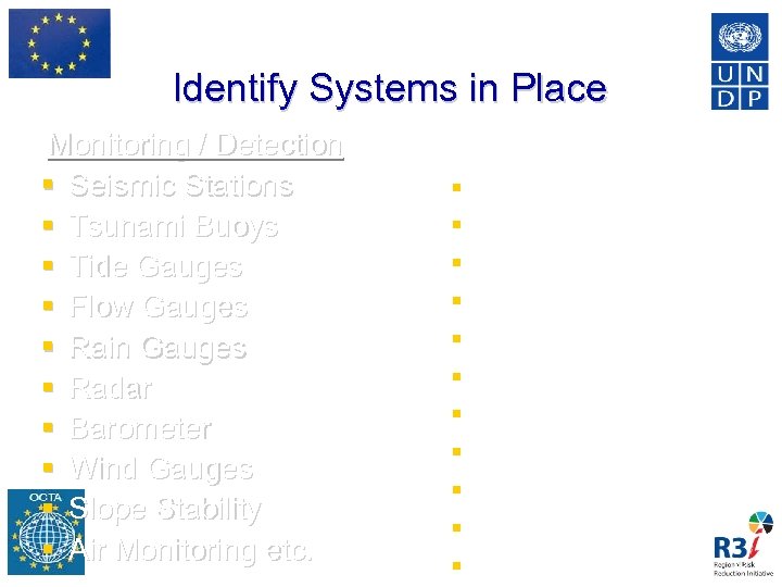 Identify Systems in Place Monitoring / Detection Seismic Stations Tsunami Buoys Tide Gauges Flow