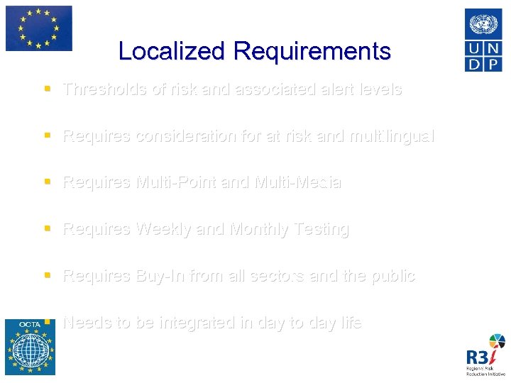 Localized Requirements Thresholds of risk and associated alert levels Requires consideration for at risk