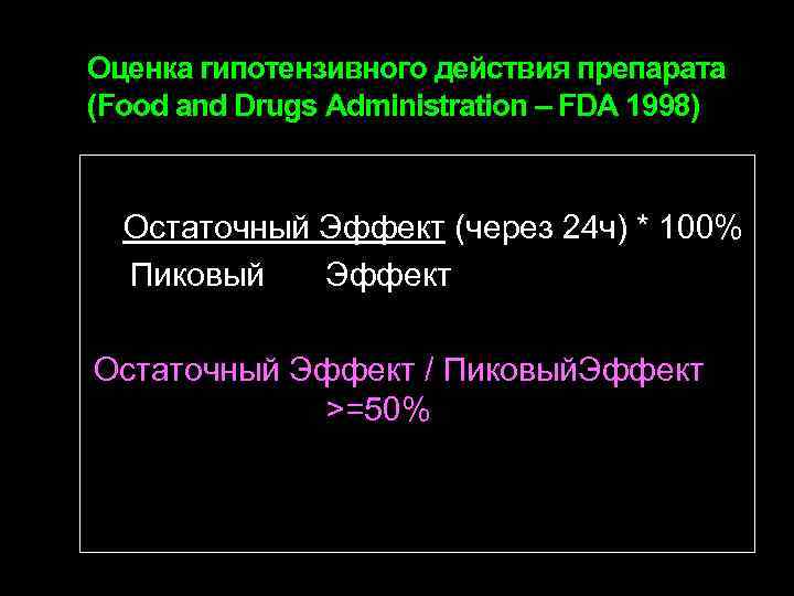 Оценка гипотензивного действия препарата (Food and Drugs Administration – FDA 1998) Остаточный Эффект (через