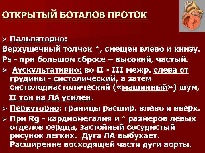 ОТКРЫТЫЙ БОТАЛОВ ПРОТОК Пальпаторно: Верхушечный толчок ↑, смещен влево и книзу. Ps при большом