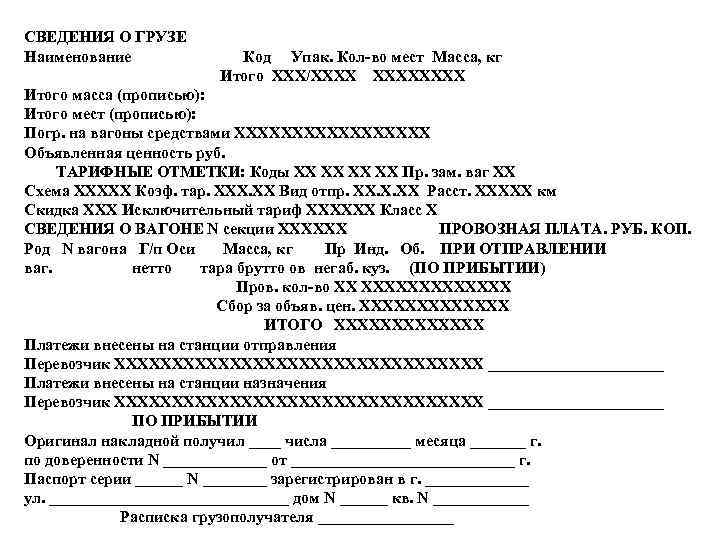 СВЕДЕНИЯ О ГРУЗЕ Наименование Код Упак. Кол-во мест Масса, кг Итого ХХХ/ХХХХ Итого масса