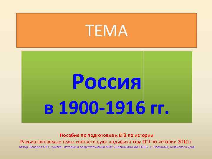 ТЕМА Россия в 1900 -1916 гг. Пособие по подготовке к ЕГЭ по истории Рассматриваемые