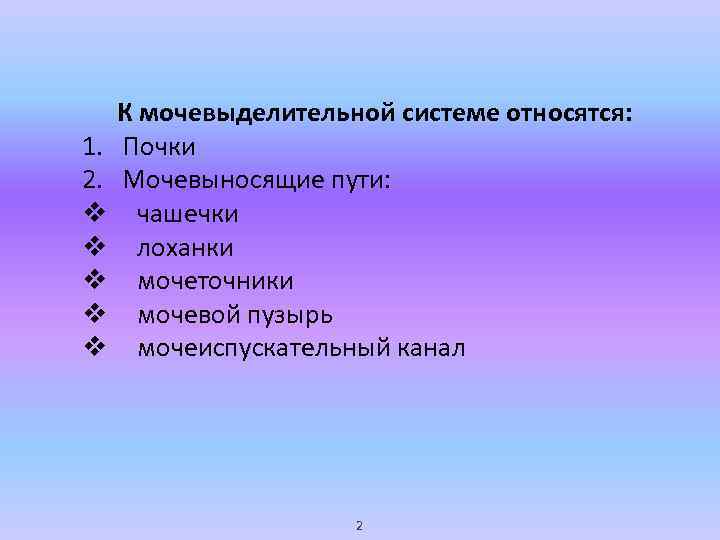 1. 2. v v v К мочевыделительной системе относятся: Почки Мочевыносящие пути: чашечки лоханки