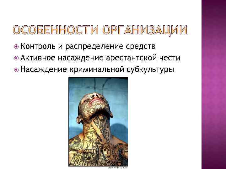  Контроль и распределение средств Активное насаждение арестантской чести Насаждение криминальной субкультуры 