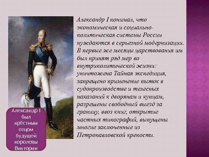 Александр I понимал, что Александр I был крёстным отцом будущей королевы Виктории экономическая