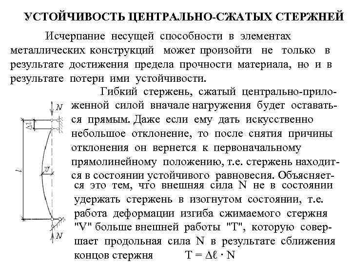 УСТОЙЧИВОСТЬ ЦЕНТРАЛЬНО-СЖАТЫХ СТЕРЖНЕЙ Исчерпание несущей способности в элементах металлических конструкций может произойти не только
