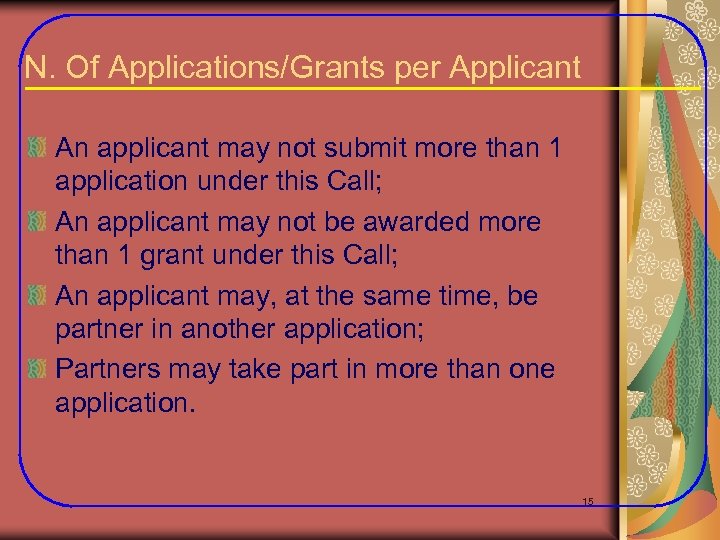 N. Of Applications/Grants per Applicant An applicant may not submit more than 1 application