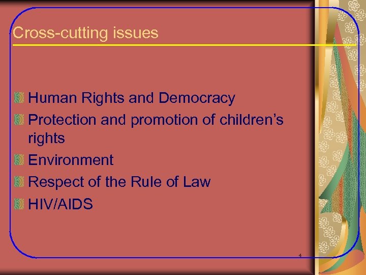 Cross-cutting issues Human Rights and Democracy Protection and promotion of children’s rights Environment Respect
