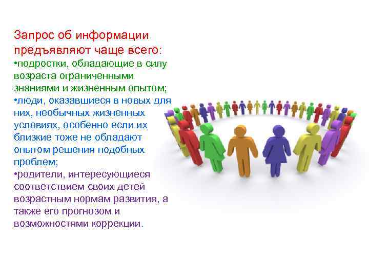 Запрос об информации предъявляют чаще всего: • подростки, обладающие в силу возраста ограниченными знаниями