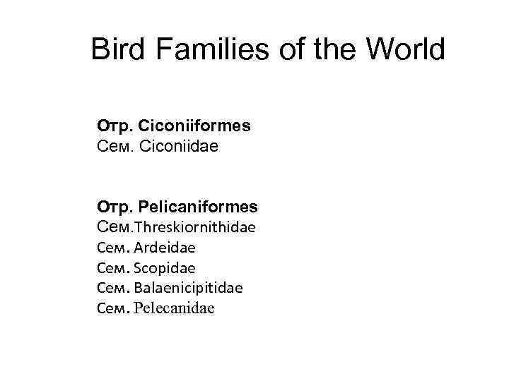 Bird Families of the World Отр. Ciconiiformes Сем. Ciconiidae Отр. Pelicaniformes Сем. Threskiornithidae Сем.