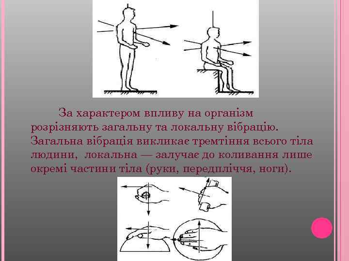  За характером впливу на організм розрізняють загальну та локальну вібрацію. Загальна вібрація викликає