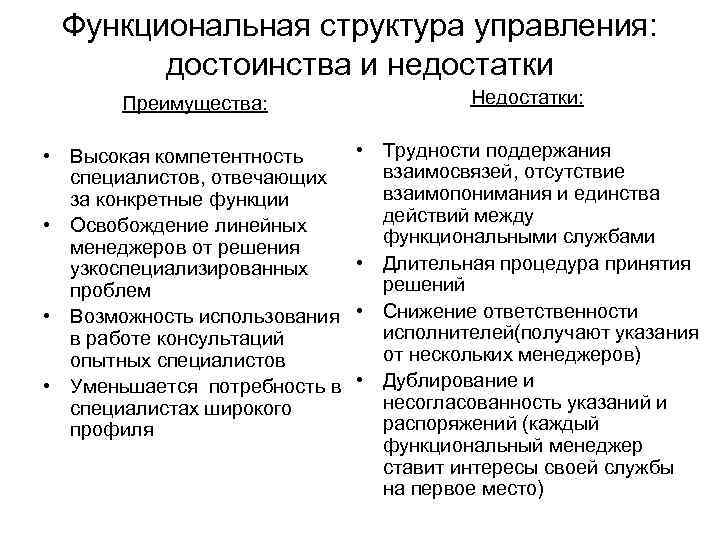 Недостаток структур управления линейного типа. Достоинства функциональной организационной структуры. Функциональная оргструктура достоинства и недостатки. Преимущества функциональной структуры управления. Плюсы функциональной организационной структуры.