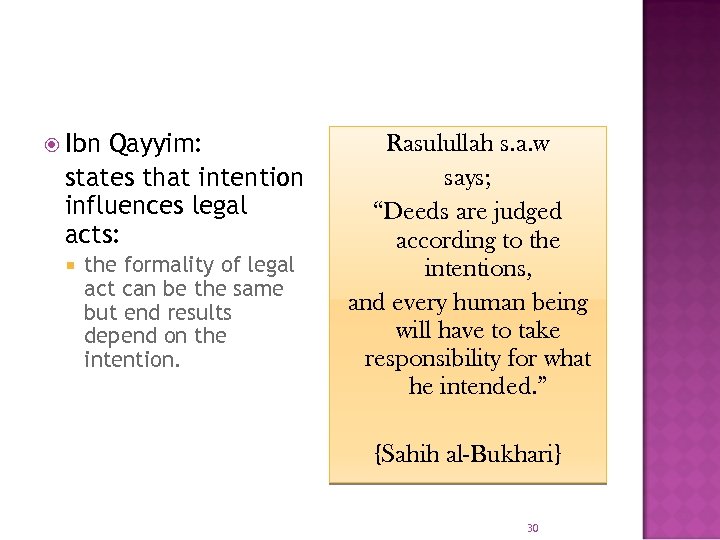  Ibn Qayyim: states that intention influences legal acts: the formality of legal act