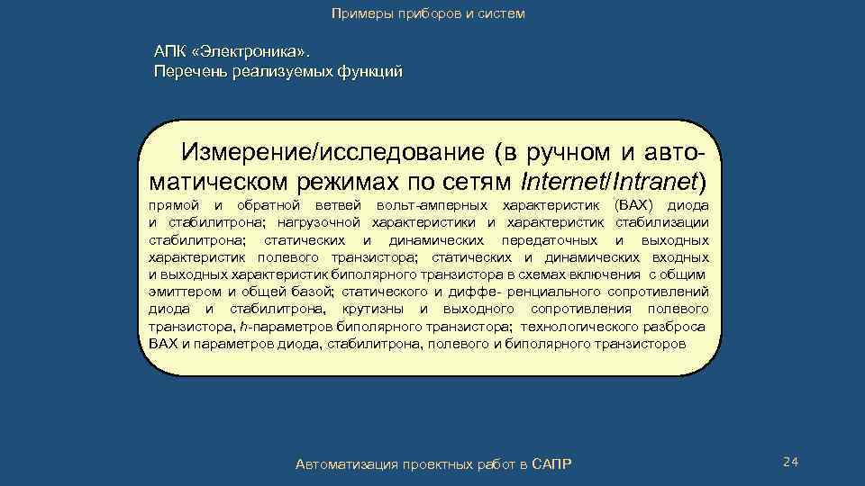 Примеры приборов и систем АПК «Электроника» . Перечень реализуемых функций Измерение/исследование (в ручном и