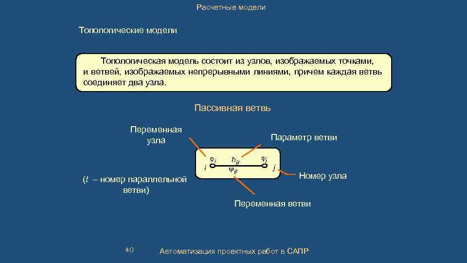 Расчетные модели Топологические модели Топологическая модель состоит из узлов, изображаемых точками, и ветвей, изображаемых