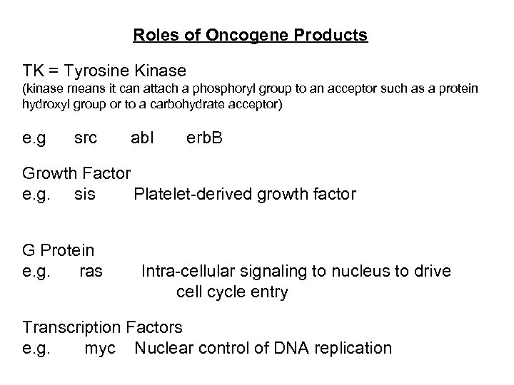 Roles of Oncogene Products TK = Tyrosine Kinase (kinase means it can attach a