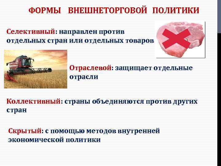 ФОРМЫ ВНЕШНЕТОРГОВОЙ ПОЛИТИКИ Селективный: направлен против отдельных стран или отдельных товаров Отраслевой: защищает отдельные