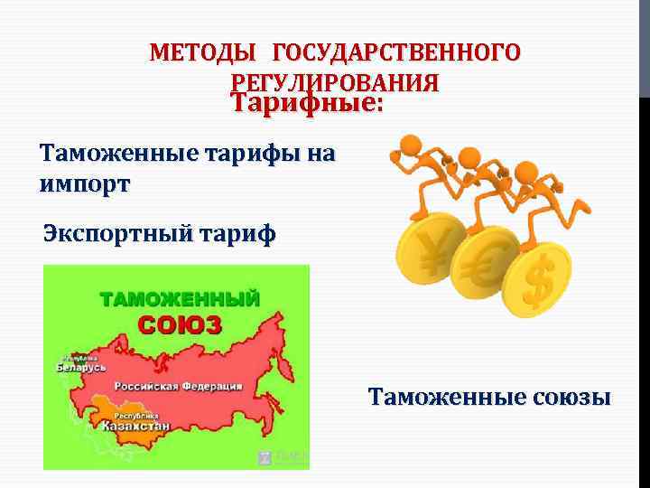 МЕТОДЫ ГОСУДАРСТВЕННОГО РЕГУЛИРОВАНИЯ Тарифные: Таможенные тарифы на импорт Экспортный тариф Таможенные союзы 