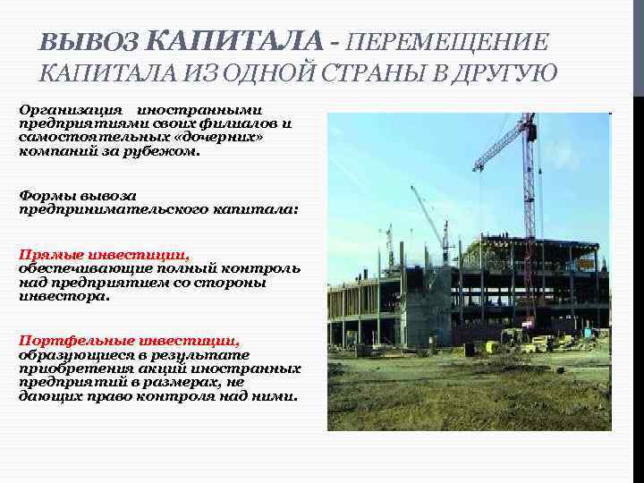 ВЫВОЗ КАПИТАЛА - ПЕРЕМЕЩЕНИЕ КАПИТАЛА ИЗ ОДНОЙ СТРАНЫ В ДРУГУЮ Организация иностранными предприятиями своих