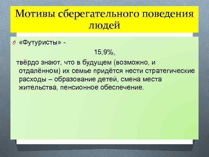 Мотивы сберегательного поведения людей O «Футуристы» - 15, 9%, твёрдо знают, что в будущем