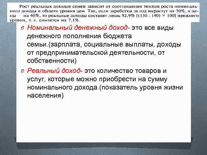 O Номинальный денежный доход- это все виды денежного пополнения бюджета семьи. (зарплата, социальные выплаты,