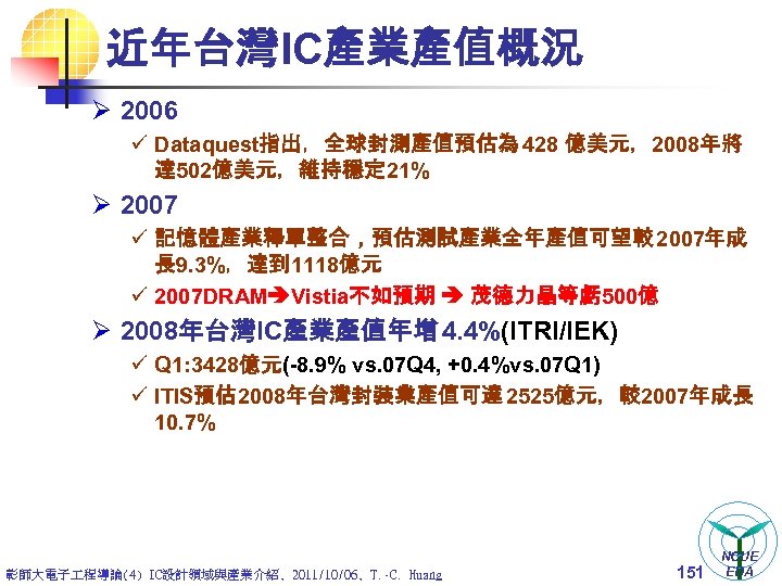 近年台灣IC產業產值概況 Ø 2006 ü Dataquest指出，全球封測產值預估為 428 億美元，2008年將 達 502億美元，維持穩定 21% Ø 2007 ü 記憶體產業釋單整合，預估測試產業全年產值可望較