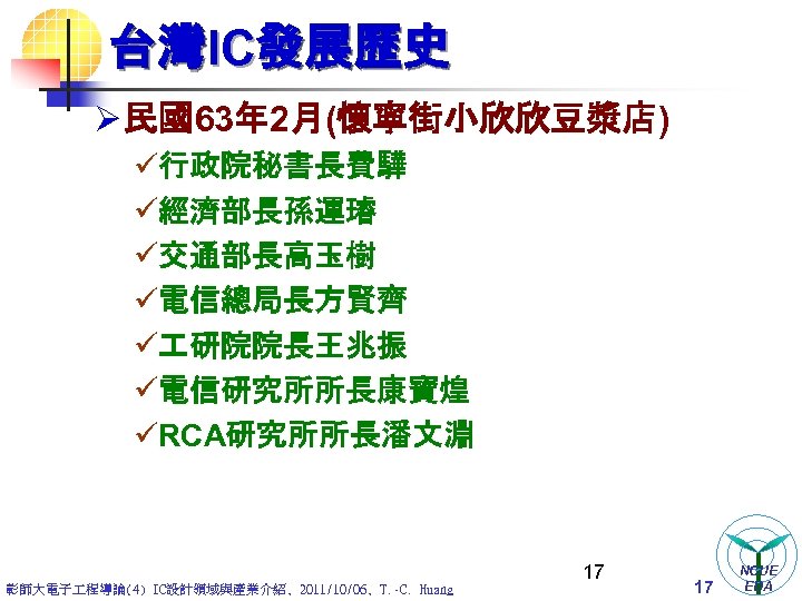 台灣IC發展歷史 Ø 民國63年 2月(懷寧街小欣欣豆漿店) ü行政院秘書長費驊 ü經濟部長孫運璿 ü交通部長高玉樹 ü電信總局長方賢齊 ü 研院院長王兆振 ü電信研究所所長康寶煌 üRCA研究所所長潘文淵 彰師大電子 程導論(4)