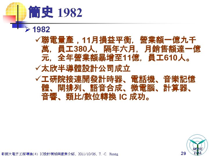 簡史 1982 Ø 1982 ü聯電量產，11月損益平衡，營業額一億九千 萬，員 380人，隔年六月，月銷售額達一億 元，全年營業額暴增至 11億，員 610人。 ü太欣半導體設計公司成立 ü 研院接連開發計時器、電話機、音樂記憶 體、閘排列、語音合成、微電腦、計算器、