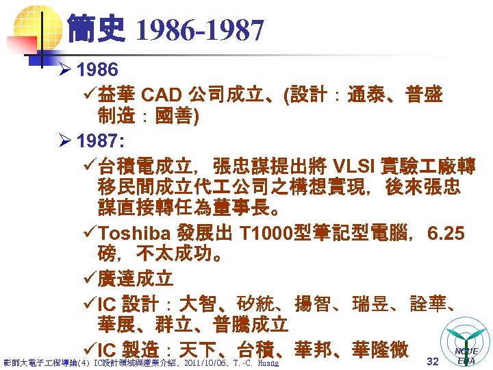 簡史 1986 -1987 Ø 1986 ü益華 CAD 公司成立、(設計：通泰、普盛　 制造：國善) Ø 1987: ü台積電成立，張忠謀提出將 VLSI 實驗