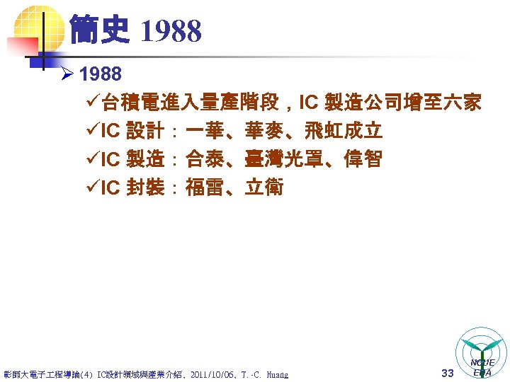 簡史 1988 Ø 1988 ü台積電進入量產階段，IC 製造公司增至六家 üIC 設計：一華、華麥、飛虹成立 üIC 製造：合泰、臺灣光罩、偉智 üIC 封裝：福雷、立衛 彰師大電子 程導論(4)