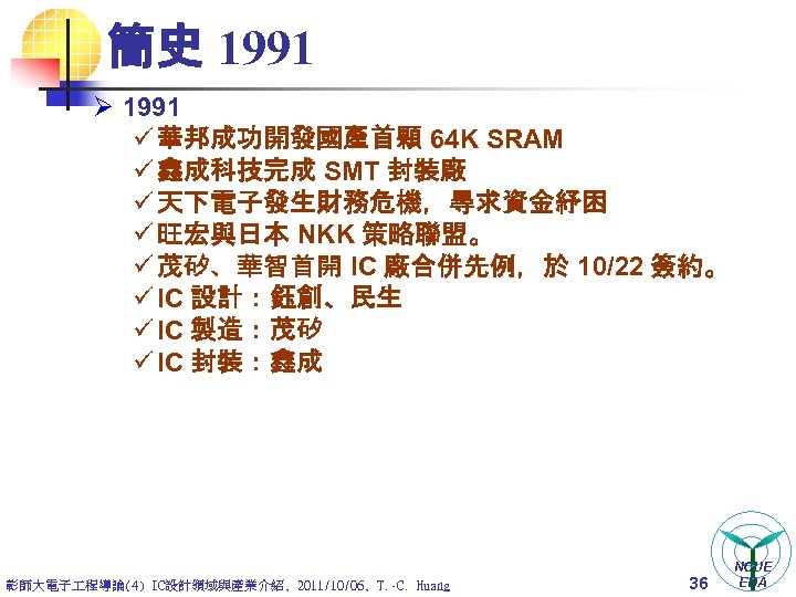 簡史 1991 Ø 1991 ü 華邦成功開發國產首顆 64 K SRAM ü 鑫成科技完成 SMT 封裝廠 ü