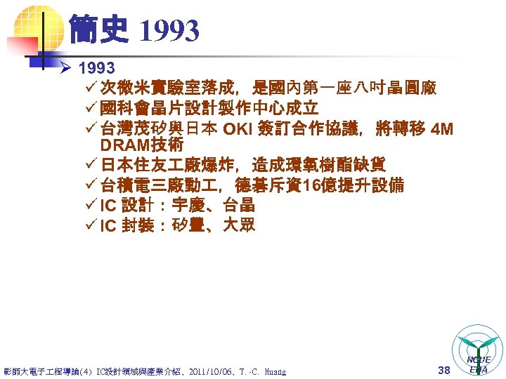 簡史 1993 Ø 1993 ü 次微米實驗室落成，是國內第一座八吋晶圓廠 ü 國科會晶片設計製作中心成立 ü 台灣茂矽與日本 OKI 簽訂合作協議，將轉移 4 M