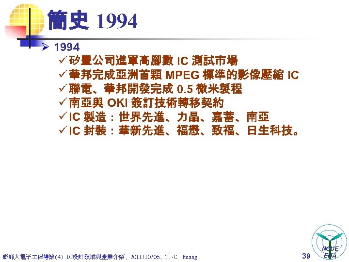 簡史 1994 Ø 1994 ü 矽豐公司進軍高腳數 IC 測試市場 ü 華邦完成亞洲首顆 MPEG 標準的影像壓縮 IC ü