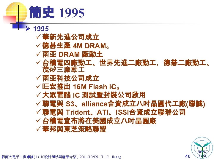 簡史 1995 Ø 1995 ü 華新先進公司成立 ü 德碁生產 4 M DRAM。 ü 南亞 DRAM