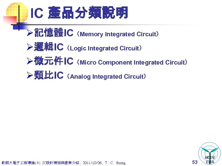 IC 產品分類說明 Ø 記憶體IC（Memory Integrated Circuit） Ø 邏輯IC（Logic Integrated Circuit） Ø 微元件IC（Micro Component Integrated