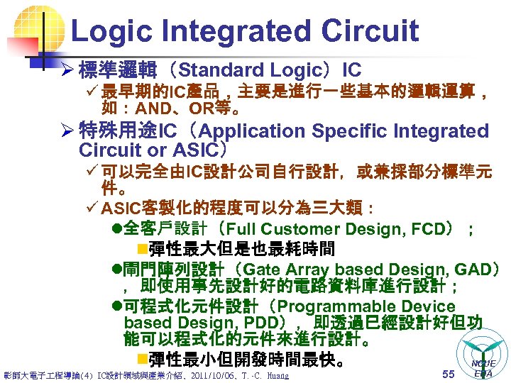 Logic Integrated Circuit Ø 標準邏輯（Standard Logic）IC ü 最早期的IC產品，主要是進行一些基本的邏輯運算， 如：AND、OR等。 Ø 特殊用途IC（Application Specific Integrated Circuit