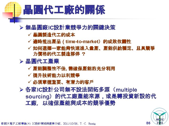 晶圓代 廠的關係 Ø 無晶圓廠IC設計業競爭力的關鍵決策 ü 晶圓製造代 的成本 ü 適時推出產品（time-to-market）的成敗攸關性 ü 如何選擇一家能夠快速進入量產、產能供給穩定、且具競爭 力價格的代 製造夥伴 ？