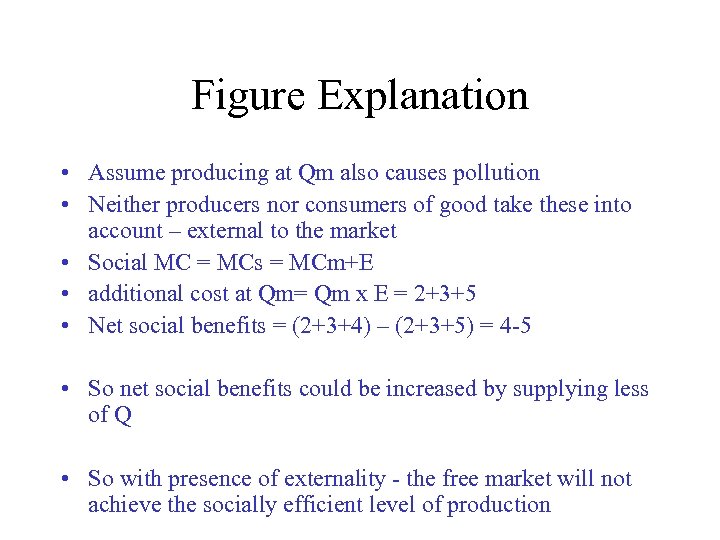 Figure Explanation • Assume producing at Qm also causes pollution • Neither producers nor