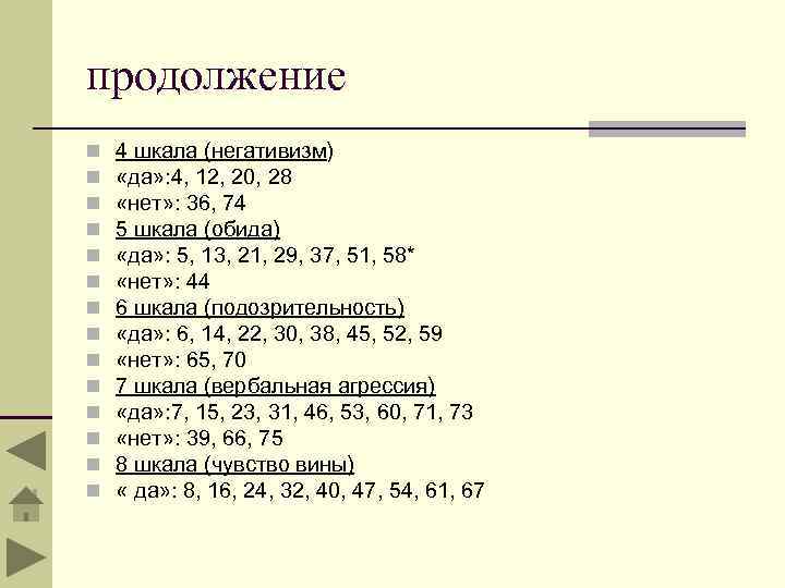 продолжение n n n n 4 шкала (негативизм) «да» : 4, 12, 20, 28