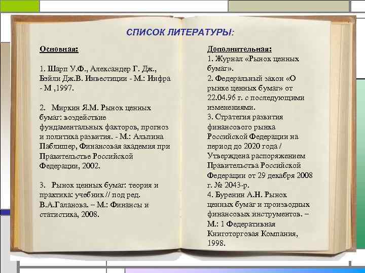СПИСОК ЛИТЕРАТУРЫ: Основная: 1. Шарп У. Ф. , Александер Г. Дж. , Бэйли Дж.