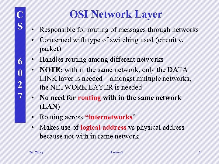 C S 6 0 2 7 OSI Network Layer • Responsible for routing of