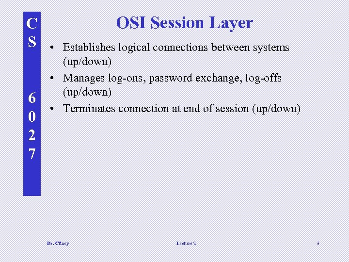C S 6 0 2 7 OSI Session Layer • Establishes logical connections between