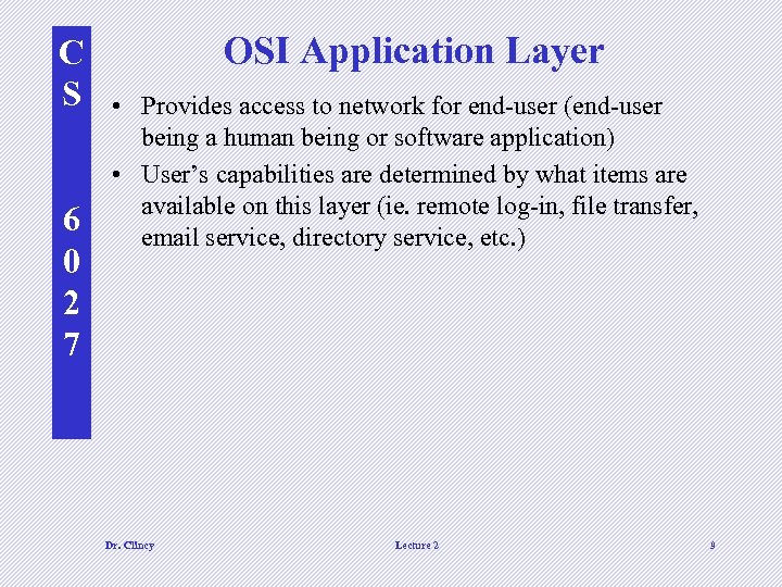 C S 6 0 2 7 OSI Application Layer • Provides access to network