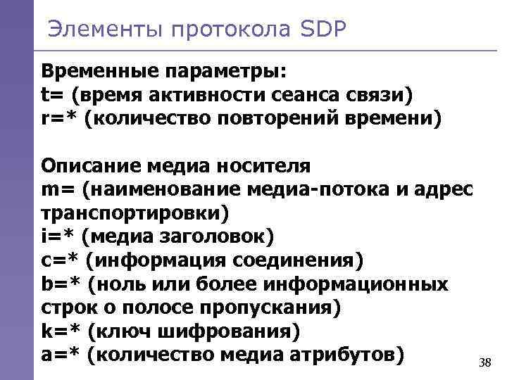 Элементы протокола SDP Временные параметры: t= (время активности сеанса связи) r=* (количество повторений времени)