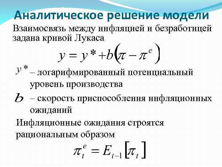 Аналитическое решение модели Взаимосвязь между инфляцией и безработицей задана кривой Лукаса – логарифмированный потенциальный