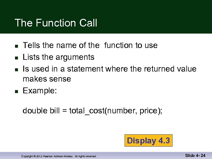 The Function Call n n Tells the name of the function to use Lists