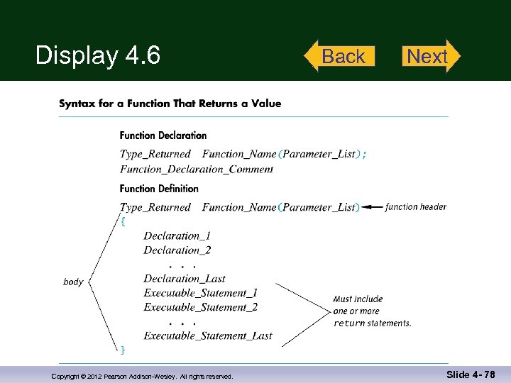 Display 4. 6 Copyright © 2012 Pearson Addison-Wesley. All rights reserved. Back Next Slide